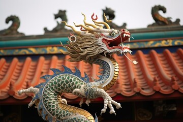 Fototapeta premium chinese dragon statue on castle roof for weifang kite festival in china
