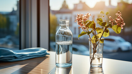 Wide panoramic facebook banner photo of a flower vas and a clear glass of water near a window with beautiful flower bunch and blurred background on a cozy hotel bedroom table - Powered by Adobe