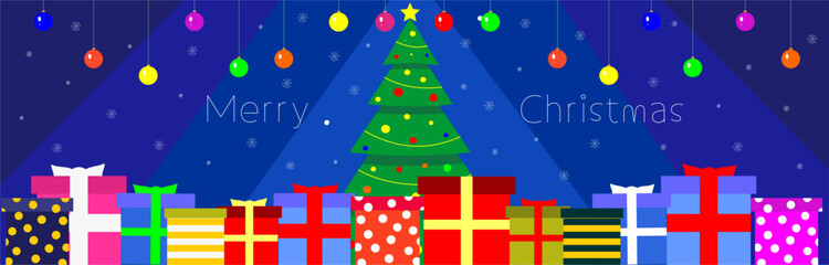 Christmas illustration with tree, gifts and Christmas decorations. Merry Christmas.