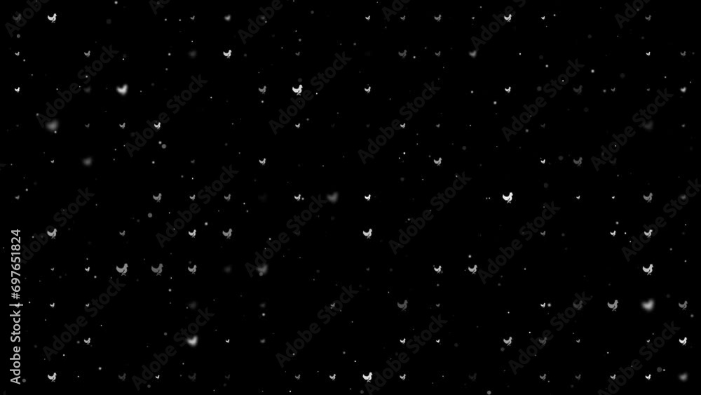 Poster template animation of evenly spaced chicken symbols of different sizes and opacity. animation of tra