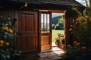 An open door leading into a country cottage
