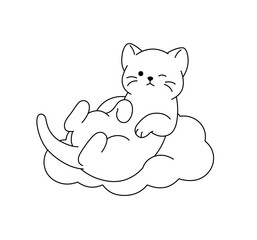 Vector isolated cute cat sleeping on a cloud moon colorless black and white contour line easy drawing