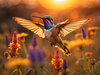 Against the backdrop of a fiery sunset, a hummingbird hovers over a field of wildflowers