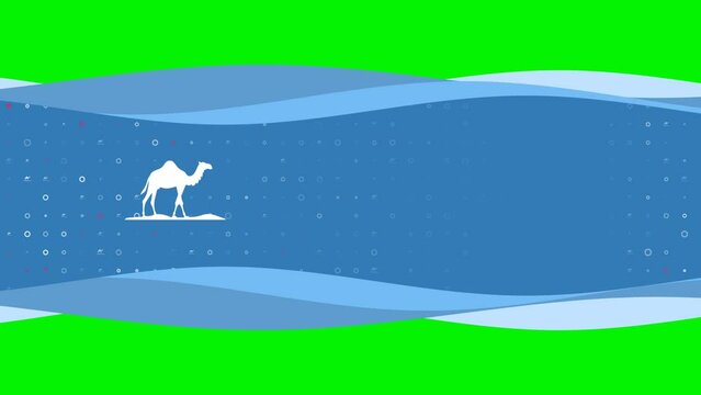 Animation of blue banner waves movement with white wild camel symbol on the left. On the background there are small white shapes. Seamless looped 4k animation on chroma key background