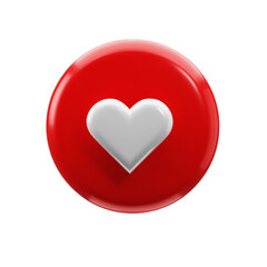 Glossy Like for social media. Plastic red circle with white heart inside. Colorful bright vector 3d render illustration icon on white background