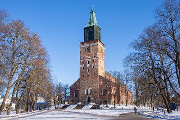 View of the medieval Lutheran Cathedral of the Turku on a sunny February day. Finland