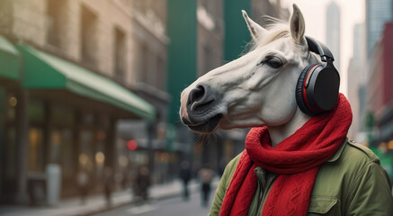 Portrait of a horse wearing headphones made in bright fashion colors. against the backdrop of the city. The concept of listening to music on audio media. Portable all-in-one music audio device.