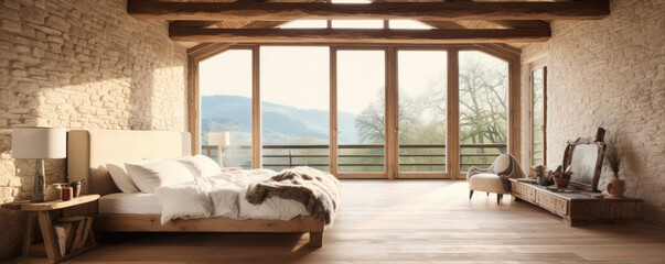 Obraz na płótnie Canvas Bedroom interior design with wooden beams in ceiling and hardwood floor.