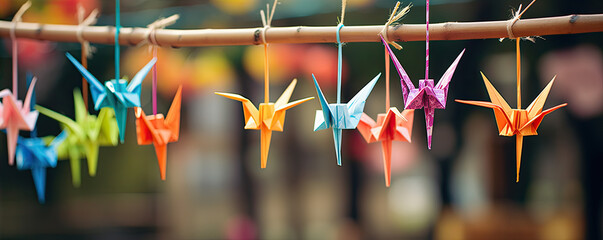 Color Paper origami Cranes. panorama photo.