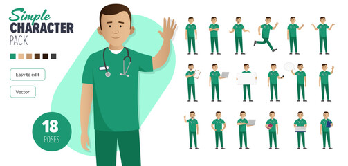 Simple flat male nurse in green uniform vector character in a set of multiple poses. Easy to edit and isolated on a white background. Modern trendy style character mega pack with lots of poses.