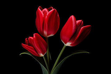 photography of some red tulip flowers on a black background, in the style of playful compositions created with Generative Ai