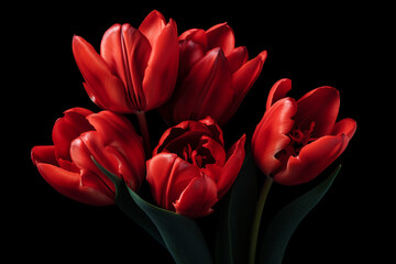 photography of some red tulip flowers on a black background, in the style of playful compositions created with Generative Ai