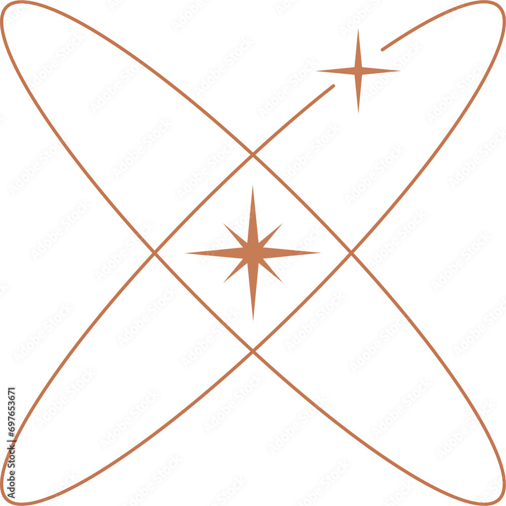 Poster aesthetic orbits shape. outline minimal graphic element with stars. abstract boho ovals with sparkle