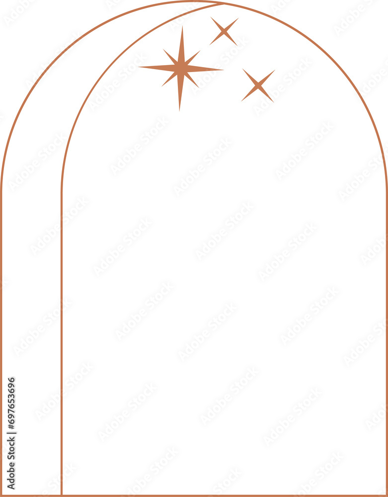 Poster aesthetic frame shape. outline minimal graphic element with stars. abstract boho arch with sparkles.