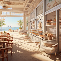 Interior of a cafe with coffee and desserts. 3d rendering