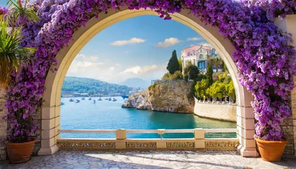 Fotobehang lilac arch with a view of the embankment mediterranean landscape photo wallpapers wallpaper on the wall © Ashley