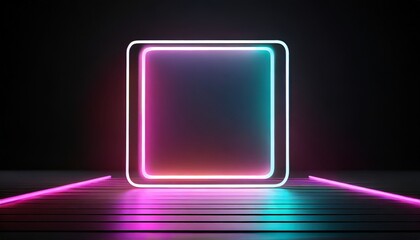 3d render abstract geometric background with neon square frame glowing with gradient light in the dark futuristic showcase for product presentation - obrazy, fototapety, plakaty