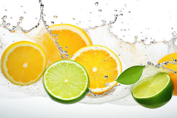 fresh oranges in water droplets, lemons, limes on a white background