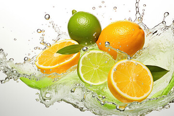 fresh oranges in water droplets, lemons, limes on a white background