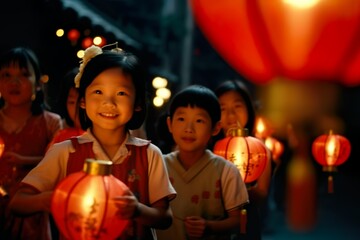 Obraz na płótnie Canvas cute asian kids celebrating chinese new year holding lantern lamps 