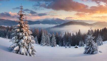 christmas postcard panoramic winter view of carpathian mountains with snow covered fir trees foggy sunrise on the mountain valley happy new year celebration concept