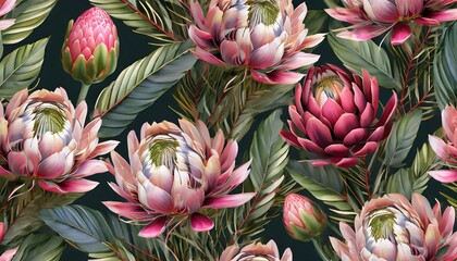 exotic seamless pattern tropical floral wallpaper dark background pink proteus flowers hand drawn realistic drawing 3d illustration for fabrics clothes goods websites blogs - Powered by Adobe