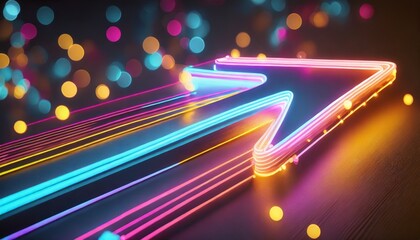 3d render abstract neon arrow pointing right direction telecommunication technology concept glowing colorful lines and bokeh lights
