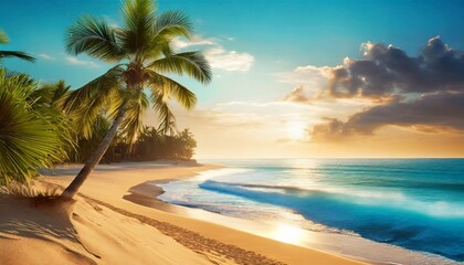 a stunningly realistic beach scene in 4k ultra hd with crystal clear turquoise waters golden sands and lush palm trees swaying in a gentle breeze sunset over the ocean