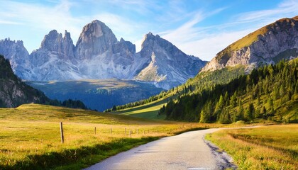 empty country road on venegia valley high altitude dolomite valley natural park with jagged peaks rolling meadows pastures and streams stunning morning scene of italian countryside - obrazy, fototapety, plakaty