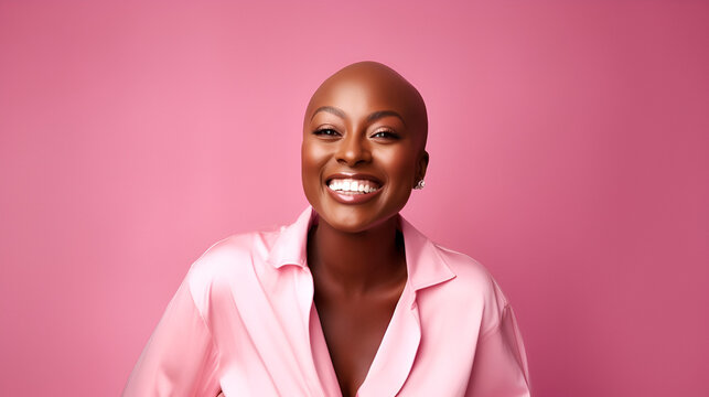 young happy black woman with bald head, confident smile, wearing pink clothes. Women's health concept, fight against breast cancer. pink background with copy space