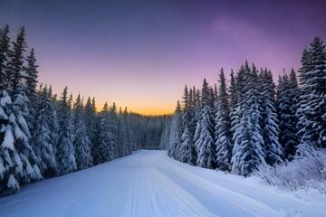 Fototapeta premium 冬の夕焼け、雪に覆われた道の上に浮かぶ星と天の川、道の横には雪を冠った針葉樹の森が広がる風景