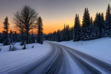 Fototapeta na wymiar 冬の夕焼け、雪に覆われた道の上に浮かぶ星と天の川、道の横には雪を冠った針葉樹の森が広がる風景