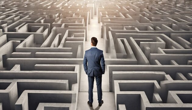 top view businessman in the middle of a big maze looking for a way out