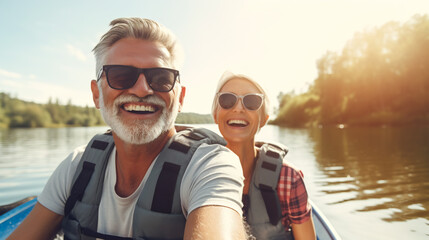 Senior couple retired canoeing on a lake. Outdoor activities healthy lifestyle positive attitude. - obrazy, fototapety, plakaty
