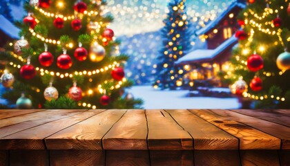 Fototapeta na wymiar christmas holiday background with empty wooden table