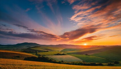 Fototapeta na wymiar sunset over the field captivating 4k time lapse majestic sunrise sunset landscape with stunning nature s light and rolling colorful clouds generative ai