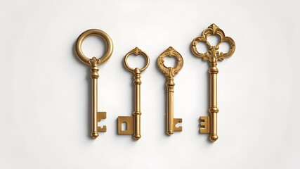 set of golden vintage keys on white background , 3d rendering 