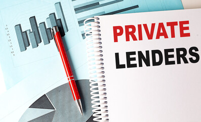 PRIVATE LENDERS text on a notebook with pen on a chart background