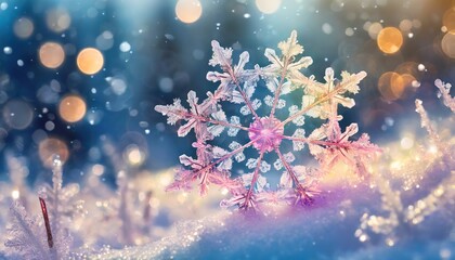 Fototapeta na wymiar sparkling snowflake winter background detailed dancing ice crystals at christmas in pastel glowing colors snowy landscape closeup