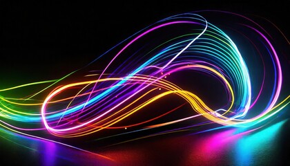 3d render abstract neon wallpaper glowing lines over black background light drawing trajectory twisted ribbon