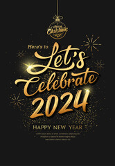 Let's celebrate 2024 new year, gold ribbons and firework poster flyer design on black background, EPS10 vector illustration
 - obrazy, fototapety, plakaty