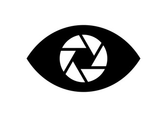 An eye icon with a lens aperture (diaphragm) instead of a pupil. Camera or shooting symbol. An attribute of a camera, photo shoot, or photographer. - obrazy, fototapety, plakaty