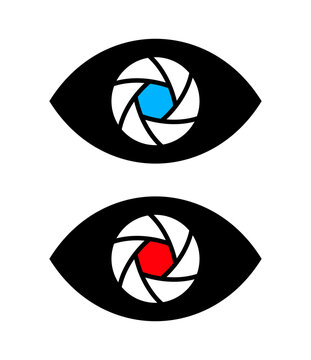 An eye icon with a lens aperture (diaphragm) instead of a pupil. Camera or shooting symbol. An attribute of a camera, photo shoot, or photographer.