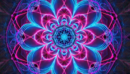 neon rosette in blue and pink an abstract fractal image with a neon rosette design in blue and pink
