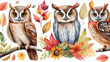 watercolor style illustration of cute owl bird and autumn foliage winter and fall collection set...