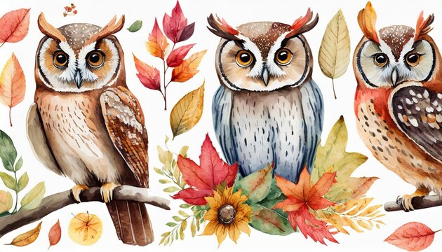 watercolor style illustration of cute owl bird and autumn foliage winter and fall collection set isolated on white background generative ai