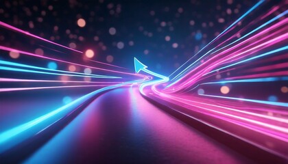 3d render abstract neon arrow turns right speed and technology concept glowing pink blue lines and bokeh lights