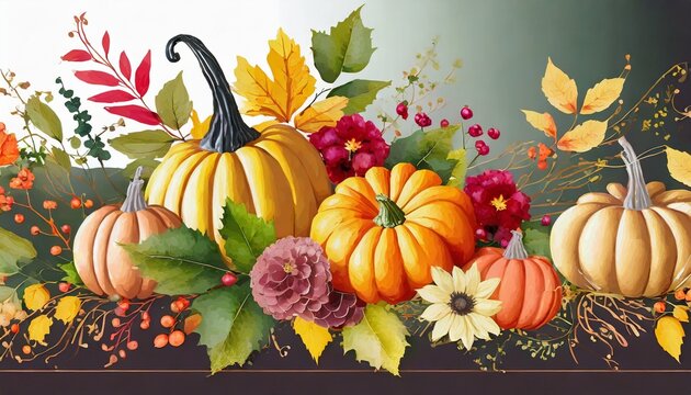 bright background with beautiful thanksgiving decorating pumpkins with fruits flowers vegetables and leaves ai generated