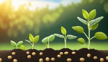 Fotobehang soy growth stages soybean vegetable plant grow cycle vector seedling phases soy beans growing process from seed in soil to sprout garden and agriculture vegetables crops harvest © Ashley