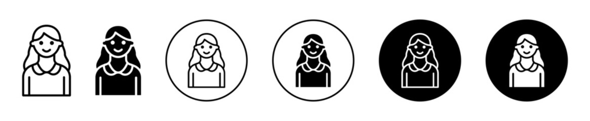 
Girl icon. little young woman or girl collage student profile portrait symbol. clever child girl education or marriage vector. female girl or lady teacher power set. little girl restroom or washroom 